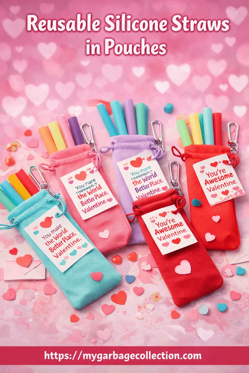 Reusable silicone straws in colorful fabric pouches with Valentine messages heart decorations and eco friendly classroom gift idea for kids