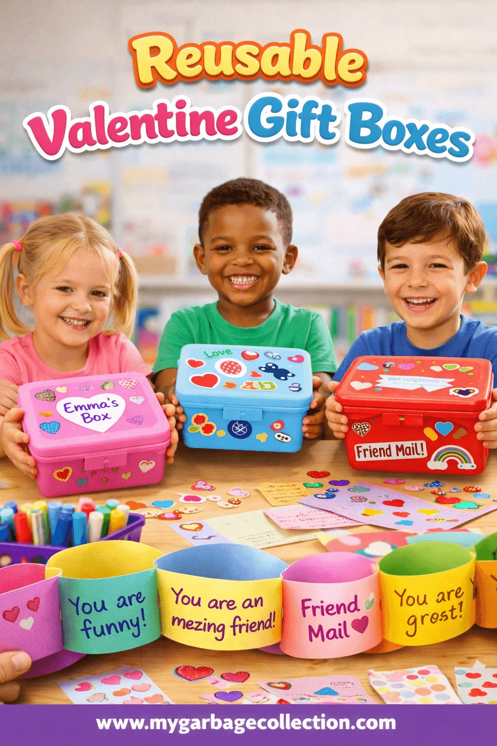Reusable Valentine gift boxes activity showing smiling children holding decorated personalized boxes filled with cards stickers and friendship notes in a classroom setting with mygarbagecollection.com displayed at the bottom