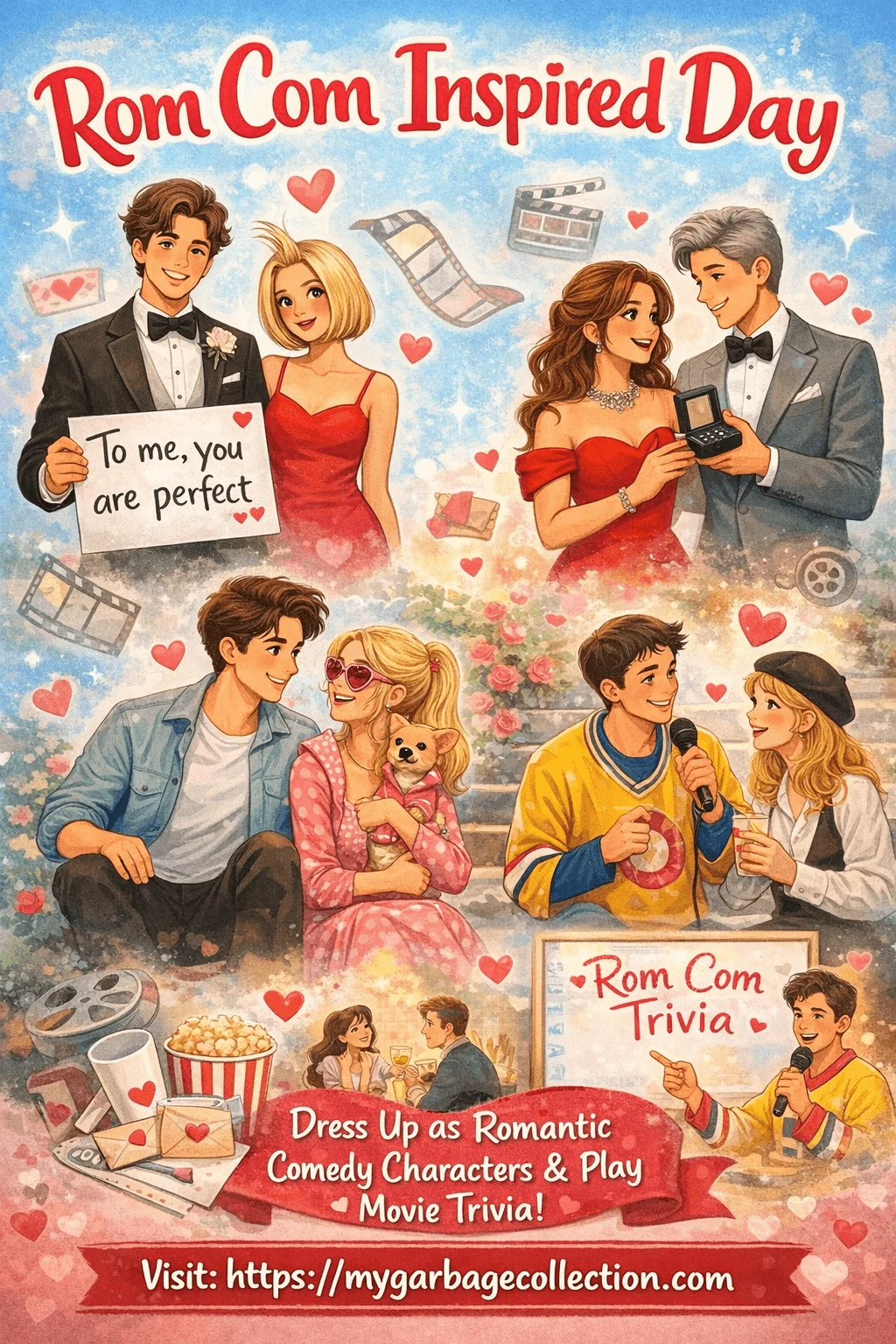 Rom Com Inspired Day illustration featuring couples dressed as romantic comedy characters movie trivia scenes hearts film reels popcorn iconic love moments and playful Valentine spirit week activities celebrating classic rom com vibes