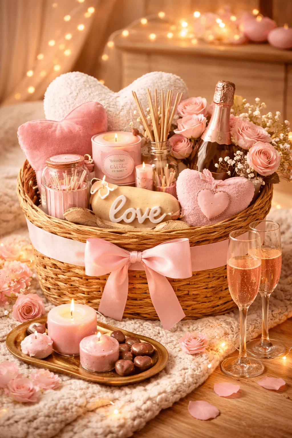 This image features a romantic Valentine-themed home décor gift basket. It includes pink candles, heart-shaped plush pillows, a decorative “love” sign, reed diffusers, blush roses, and a bottle of sparkling wine, all styled in a wicker basket with a pink ribbon, perfect for creating a cozy, romantic atmosphere. 