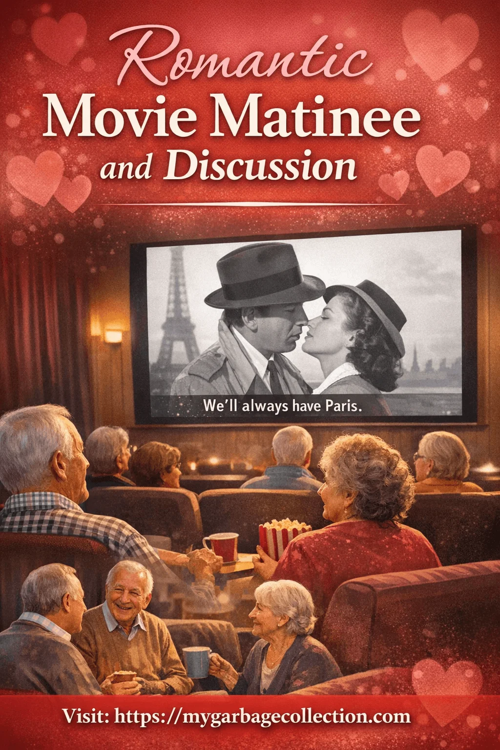 Romantic movie matinee and discussion for seniors watching a classic love film together enjoying popcorn conversation and shared memories in a cozy senior living community theater