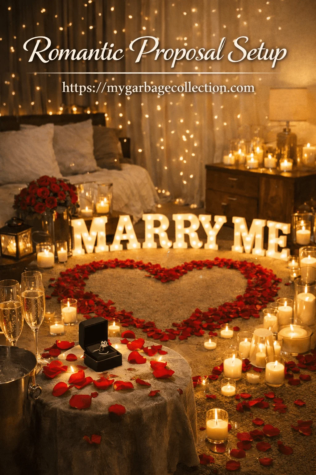 Romantic proposal hotel room setup with marry me letter lights heart shaped rose petals candles champagne glasses engagement ring box and warm fairy light ambiance