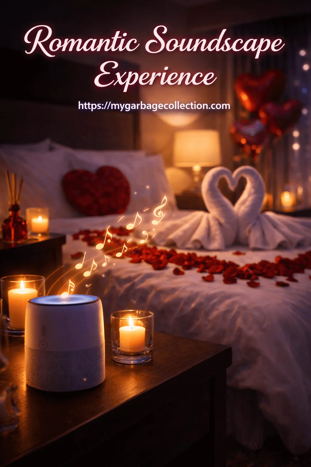 Romantic hotel room decorated with candles rose petals heart shaped towel and smart speaker playing soft music for an intimate Valentine experience
