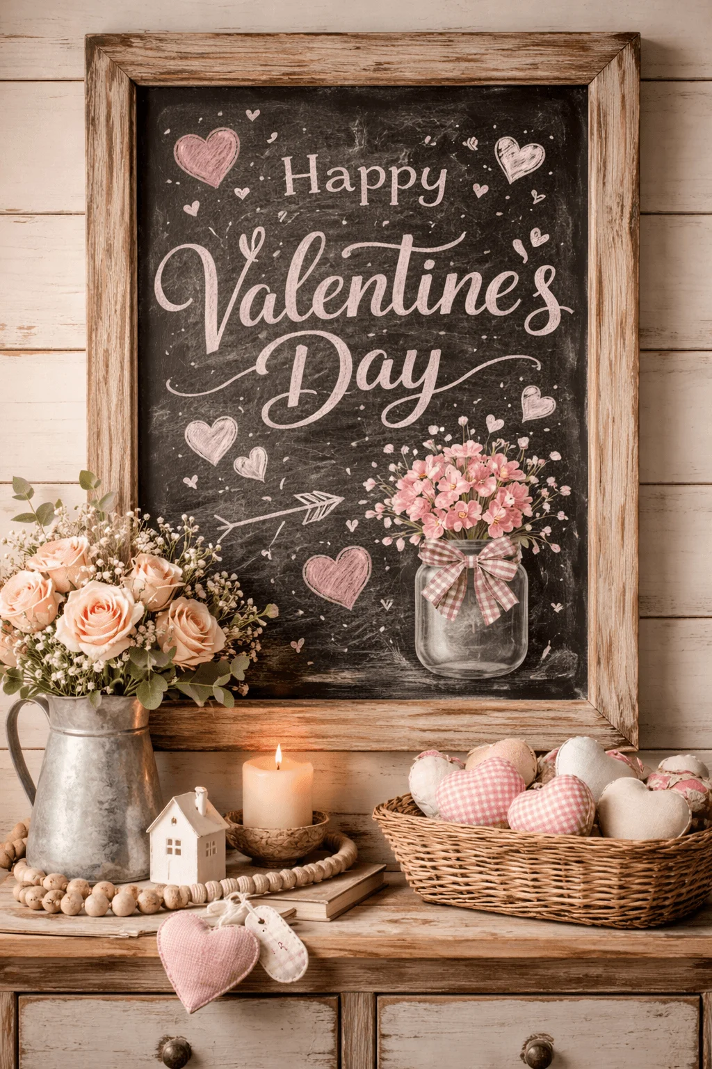Rustic farmhouse Valentine chalkboard sign with flowers candle heart decorations and the message Happy Valentine’s Day