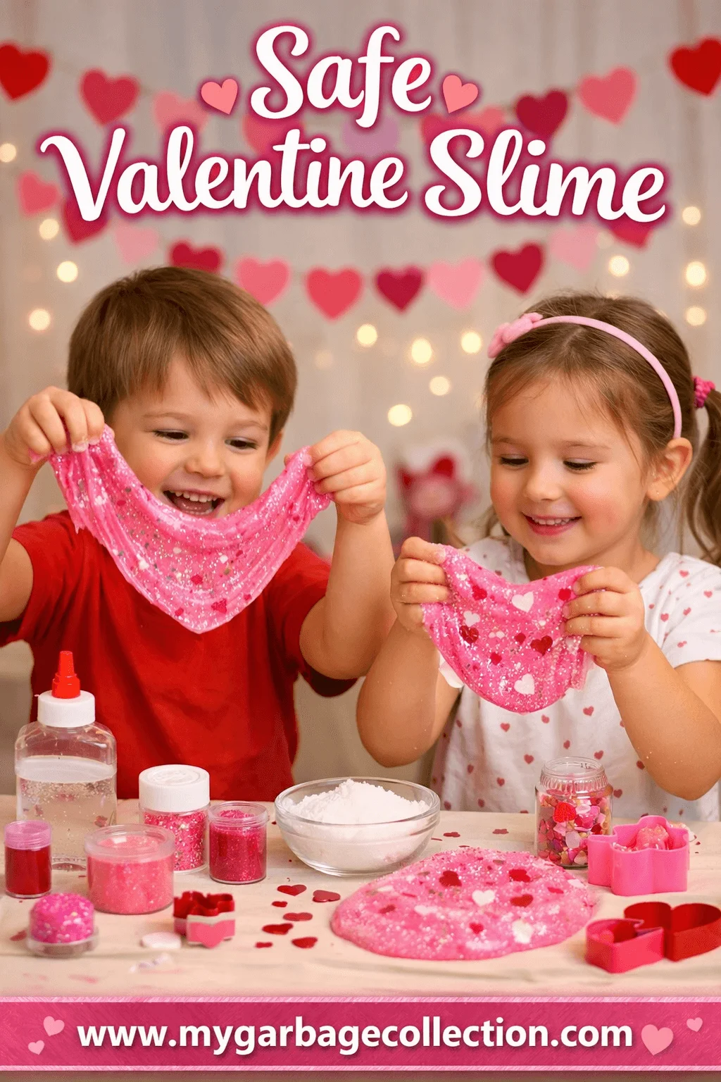 Safe Valentine slime activity for kids showing two children stretching pink glitter slime with heart decorations during a fun Valentine themed sensory play activity with mygarbagecollection.com displayed at the bottom