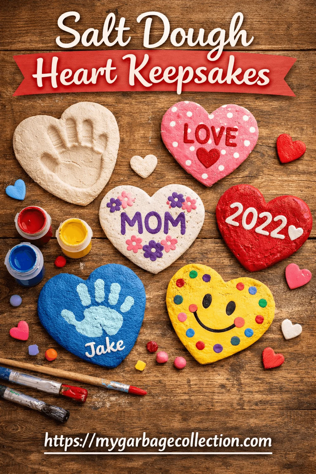 Salt dough heart keepsakes for kids featuring painted handprint hearts personalized names dates and colorful Valentine craft decorations on a wooden background with mygarbagecollection.com shown at the bottom