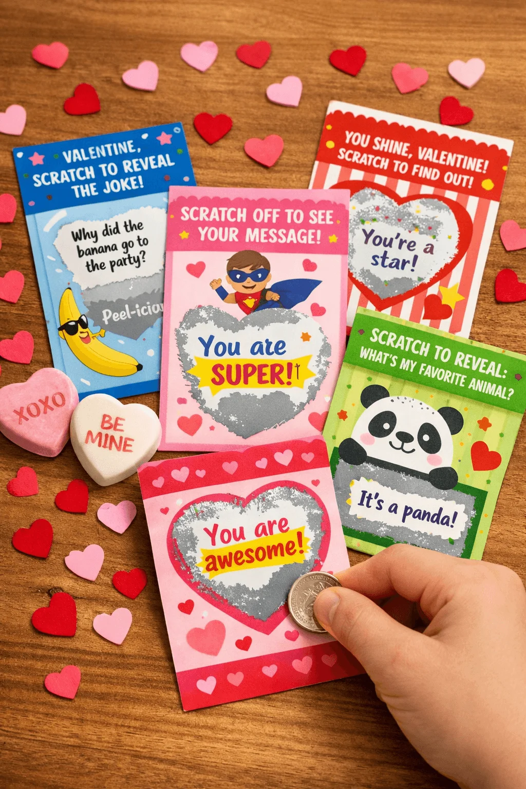 Scratch off Valentine cards with hidden messages and jokes arranged on a wooden table with heart confetti and a hand scratching one card