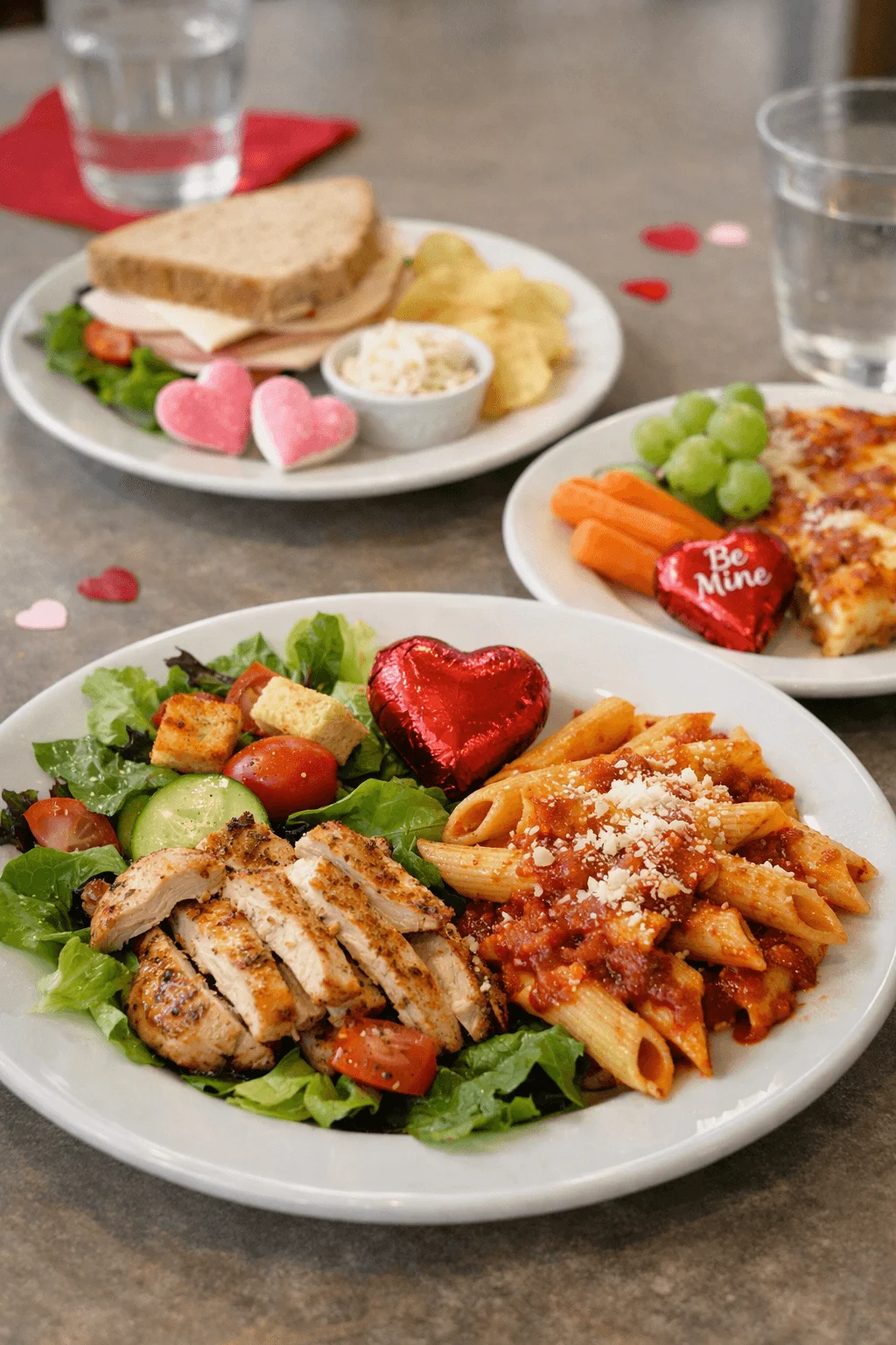 Seasonal lunch plate with grilled chicken salad penne pasta heart shaped chocolate and Valentine themed candy on a table