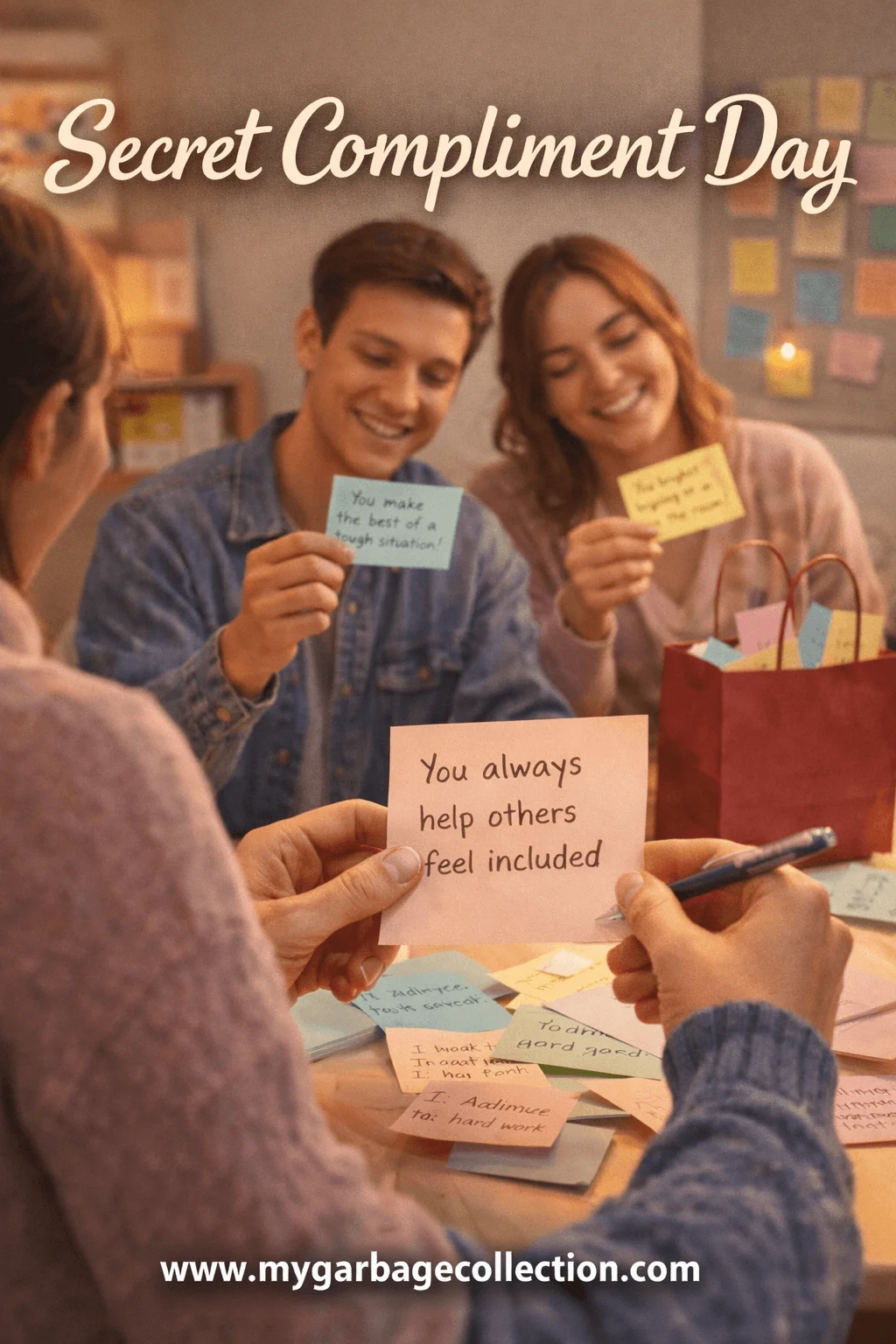 Secret Compliment Day illustration showing friends exchanging anonymous positive notes handwritten compliments warm smiles sticky notes and thoughtful messages spreading kindness and encouragement during Valentine spirit week