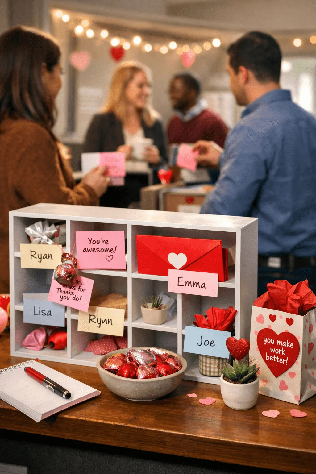 Office cubby shelf filled with Valentine notes small gifts and chocolates for coworkers during a secret appreciation exchange