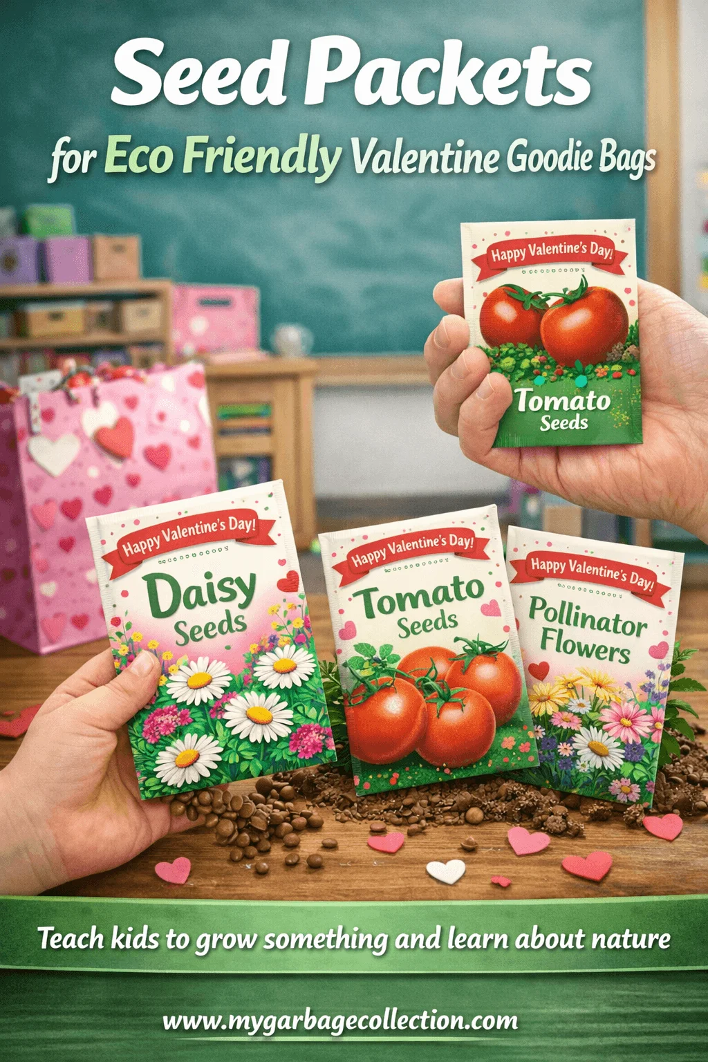 Seed packets for eco friendly Valentine goodie bags featuring tomato daisy and pollinator flower seeds held by hands in a classroom setting as a nature inspired Valentine gift for kids