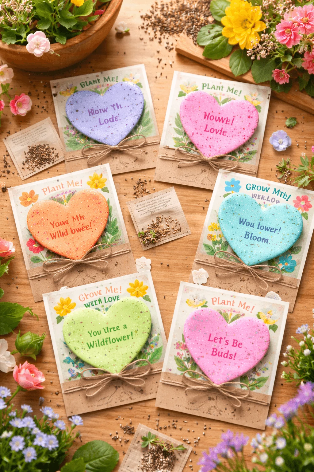 Seed paper heart Valentine cards with plant me messages arranged on a wooden table surrounded by flowers soil and seed packets