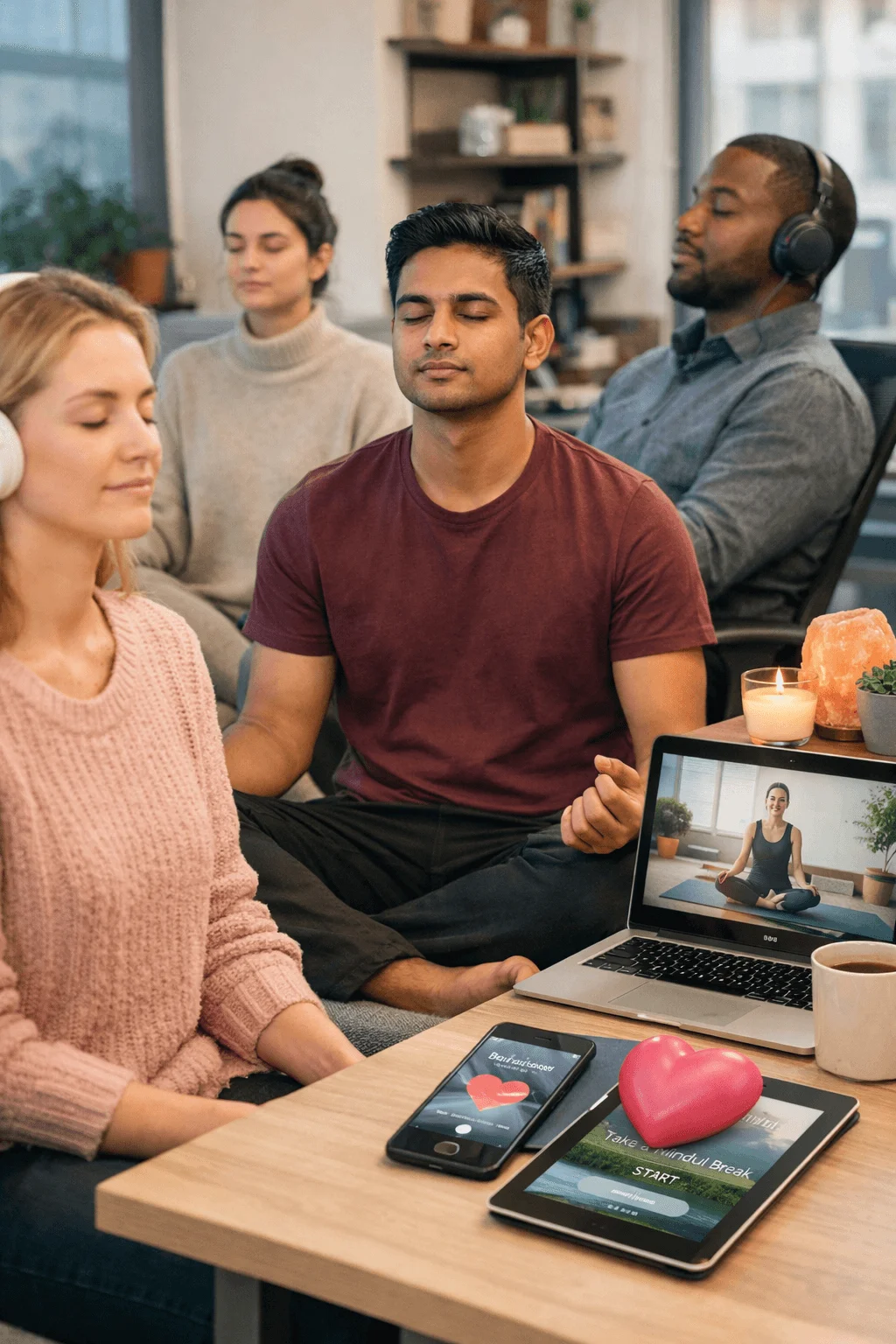 Coworkers sitting together with eyes closed practicing mindfulness and meditation during a workplace wellness break