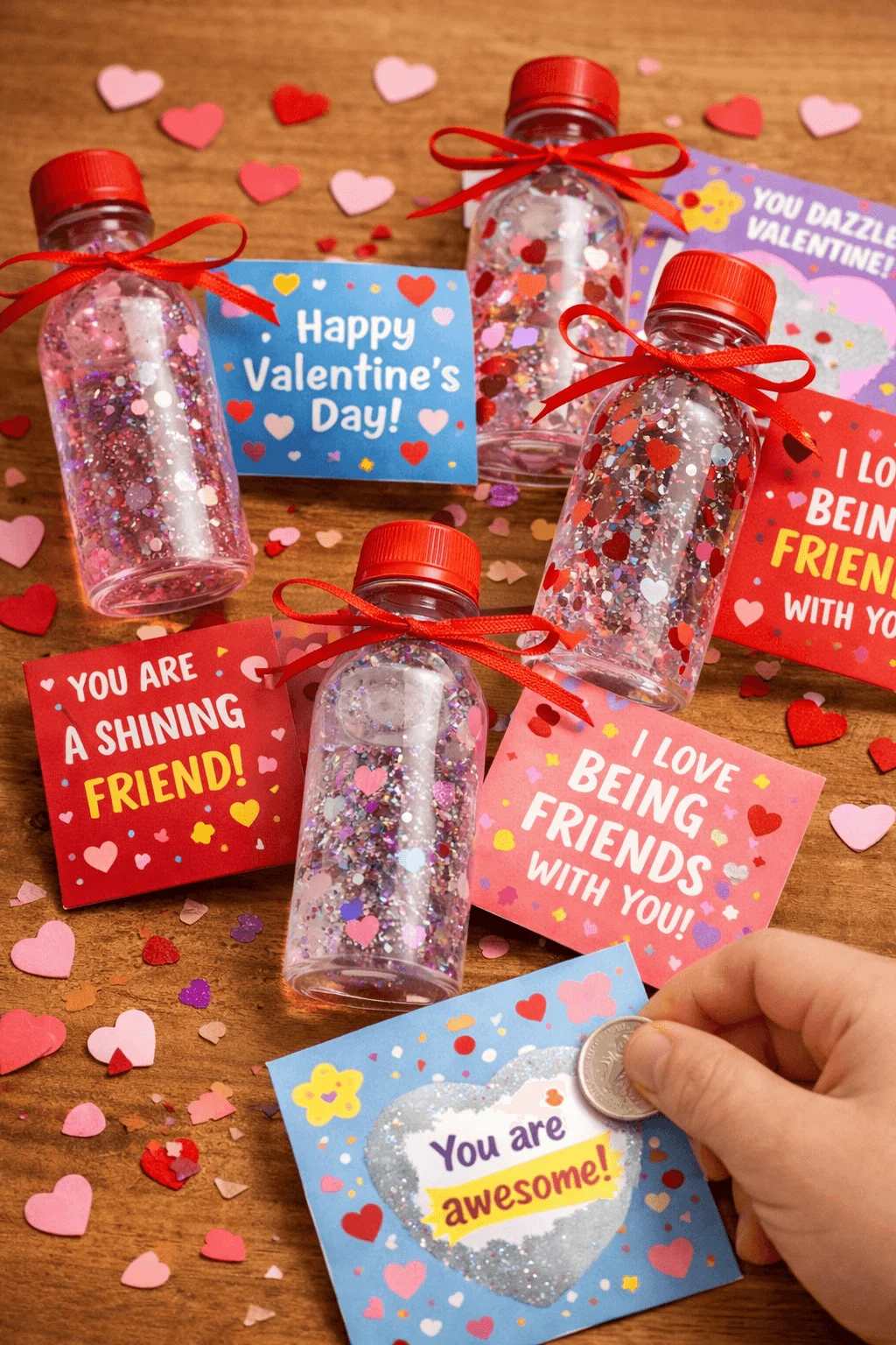 Sensory bottle Valentine cards with glitter filled bottles tied with red ribbons and colorful friendship messages on a wooden table with heart confetti