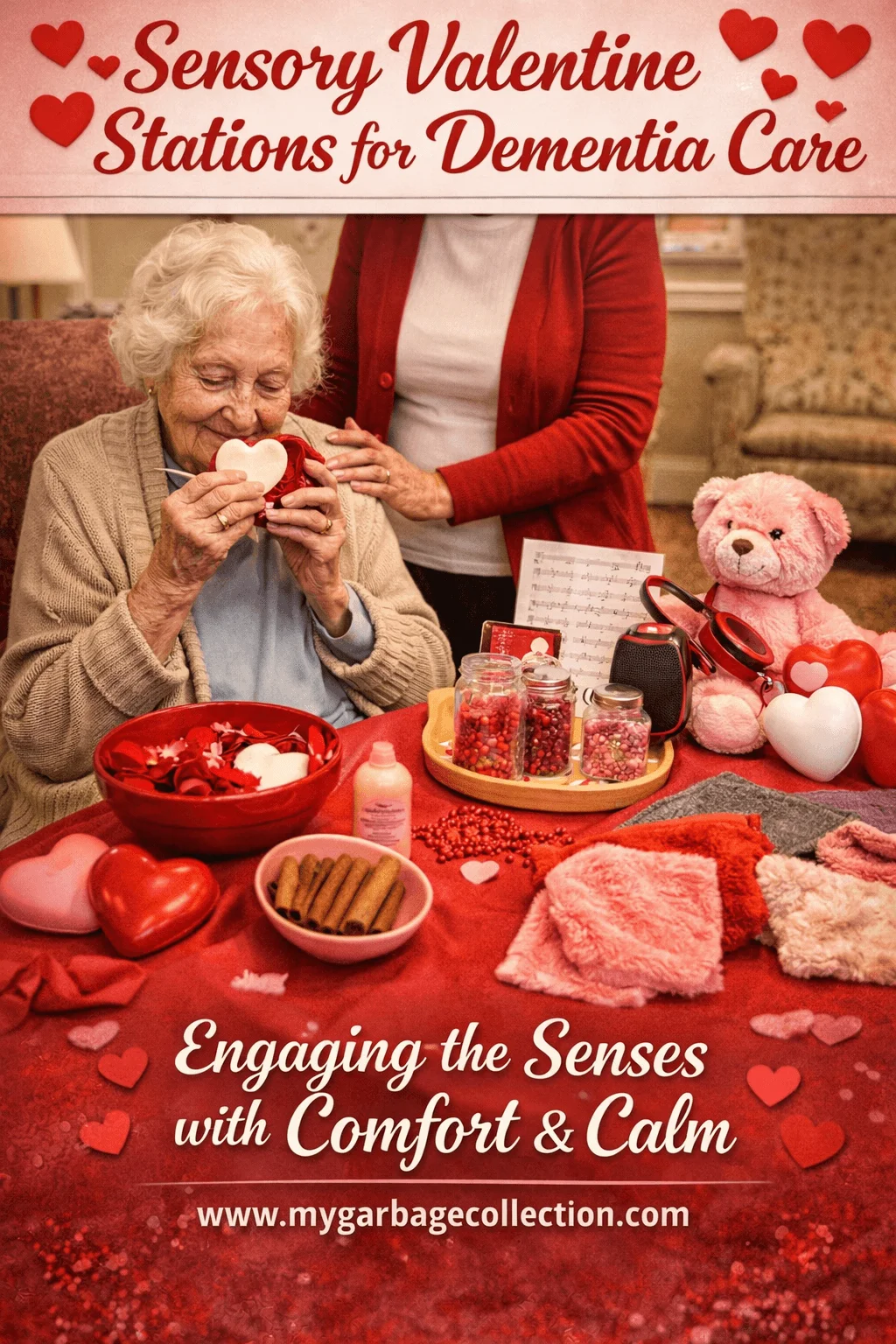 sensory valentine stations for dementia care featuring a senior engaging with heart themed textures scents and calming activities in a warm supportive care setting