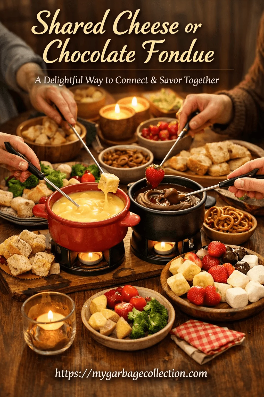 Shared cheese or chocolate fondue table with people dipping bread fruit strawberries marshmallows and vegetables into warm melted cheese and chocolate pots by candlelight with cozy Valentine themed setting and website mygarbagecollection.com