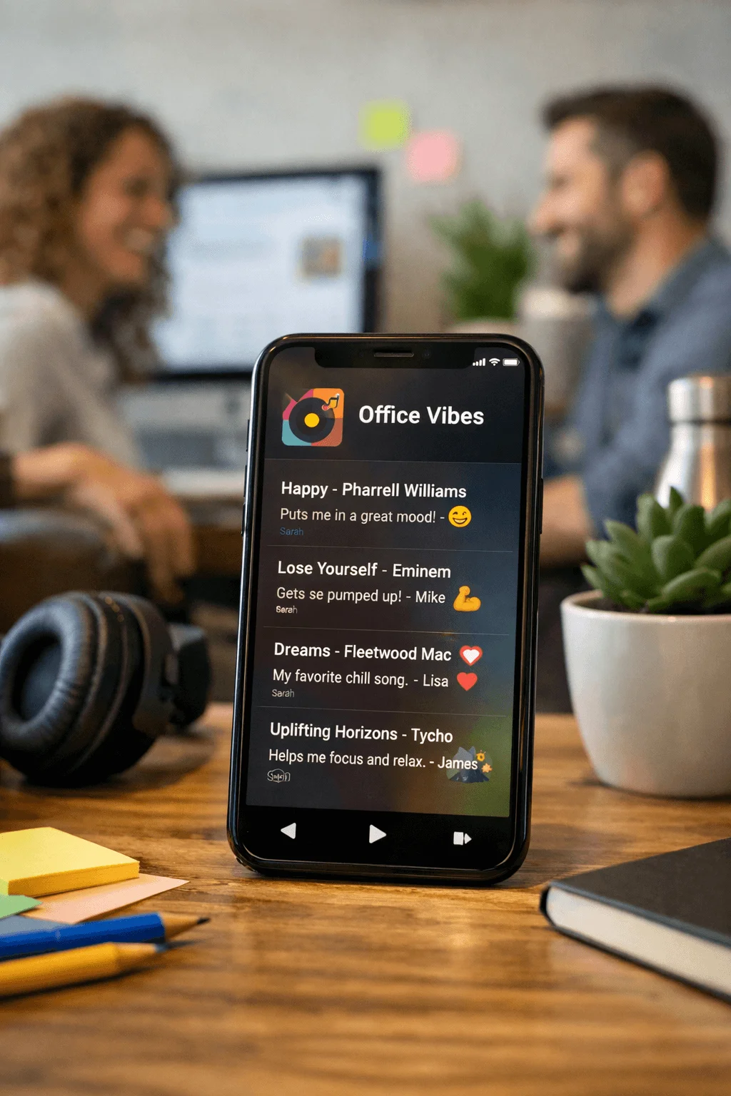 Smartphone displaying a shared office playlist on a desk with coworkers chatting in the background