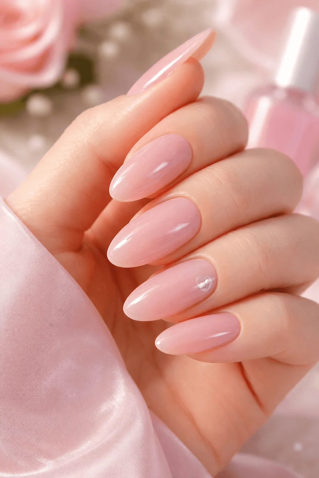 Close up of a hand with sheer glossy pink almond shaped nails featuring a tiny clear heart accent and a soft satin background