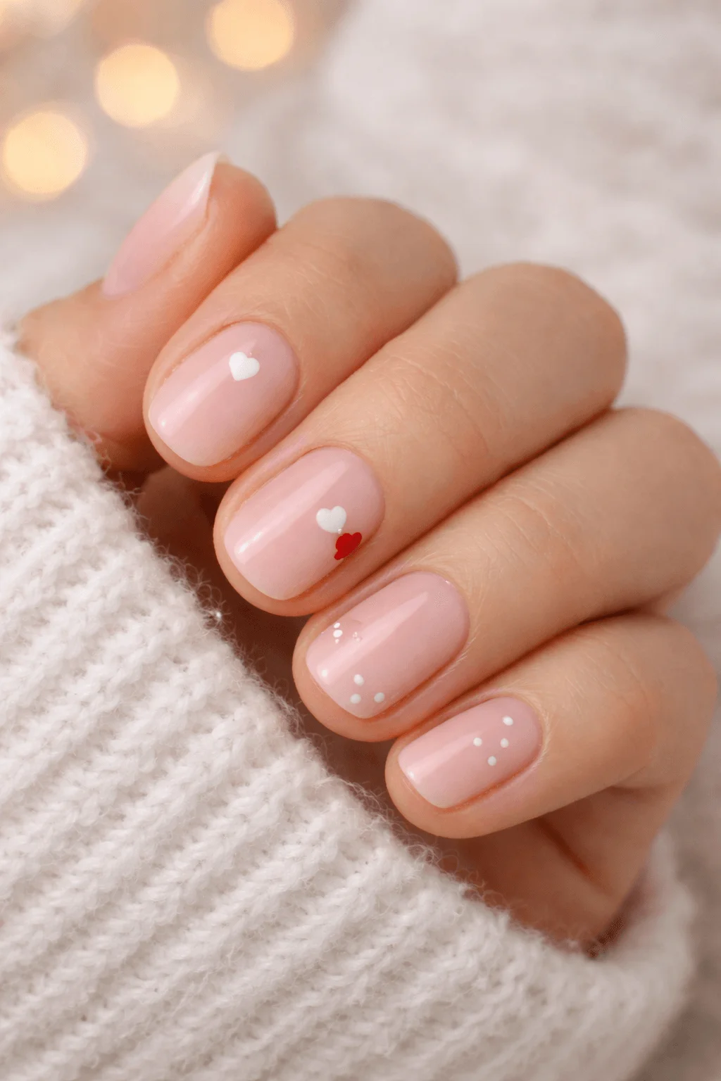 These are soft, short Valentine nails with a sheer blush-pink base and tiny heart and dot accents. The look is very minimal and elegant, perfect if you want something subtle, cozy, and wearable beyond Valentine’s Day