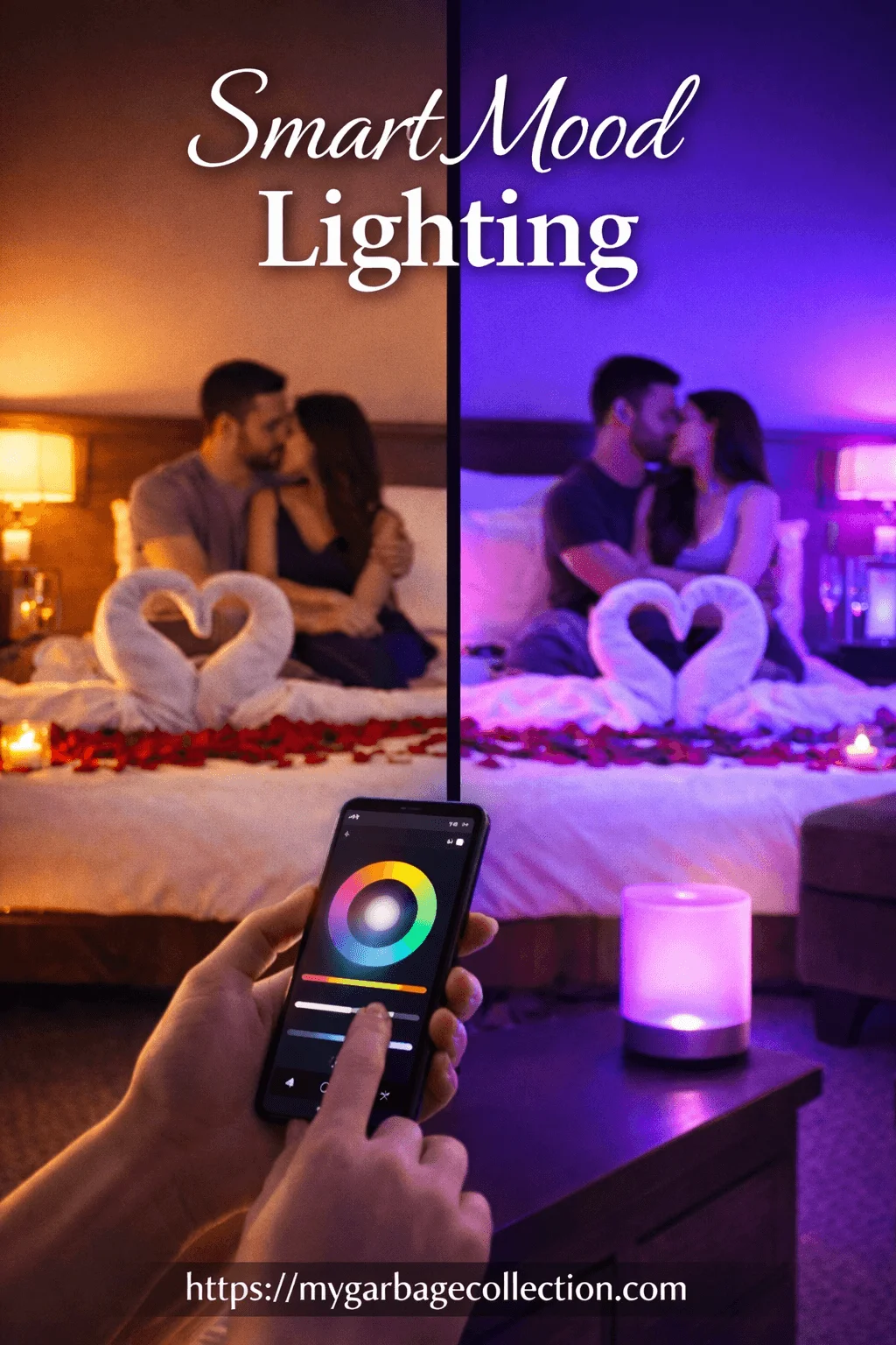 Romantic hotel bedroom with smart mood lighting controlled by smartphone color changing lamps candlelight rose petals towel swans and cozy Valentine atmosphere