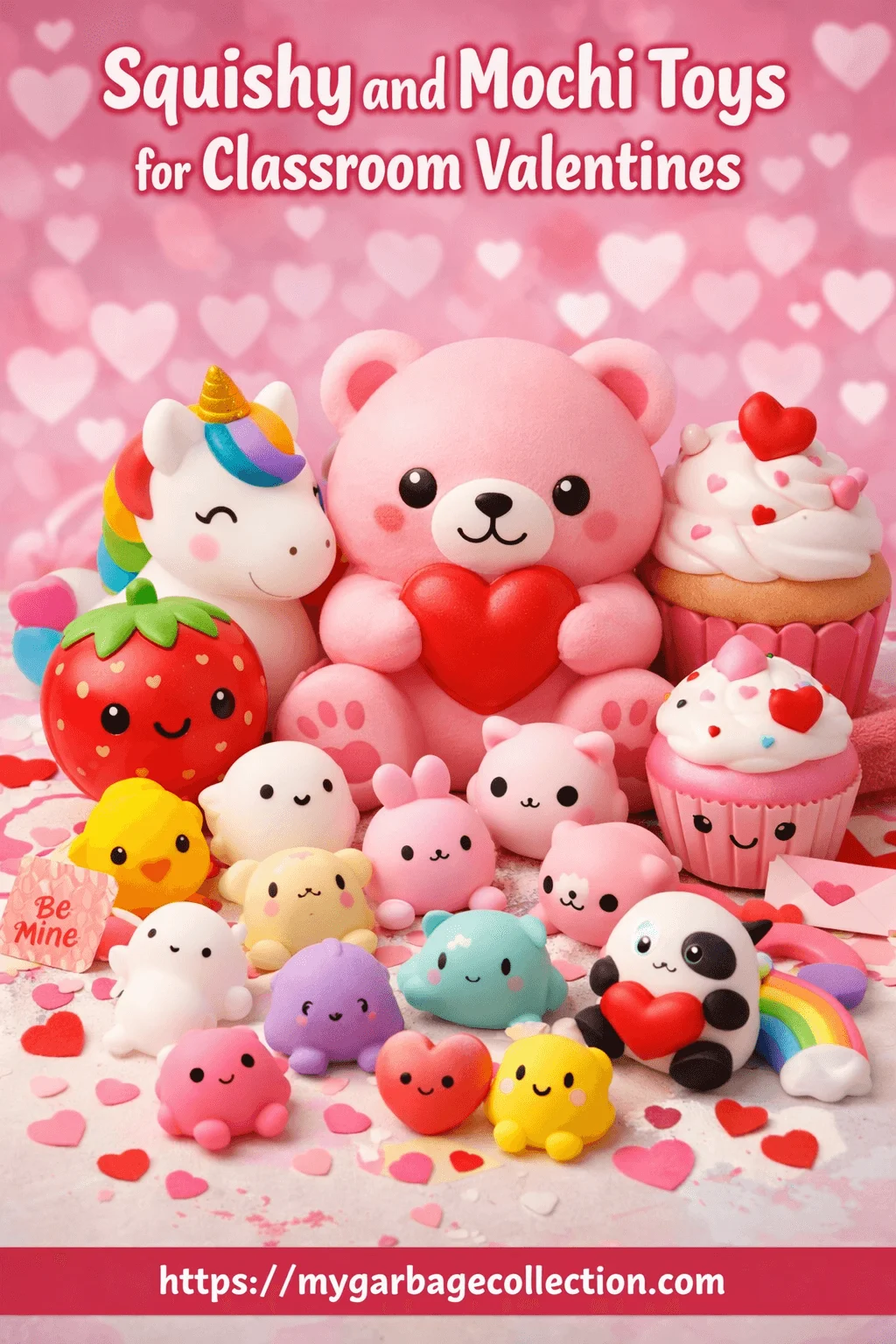 Squishy and mochi toys for classroom Valentines featuring cute pastel animals hearts cupcakes and sensory Valentine gifts for kids school goodie bags
