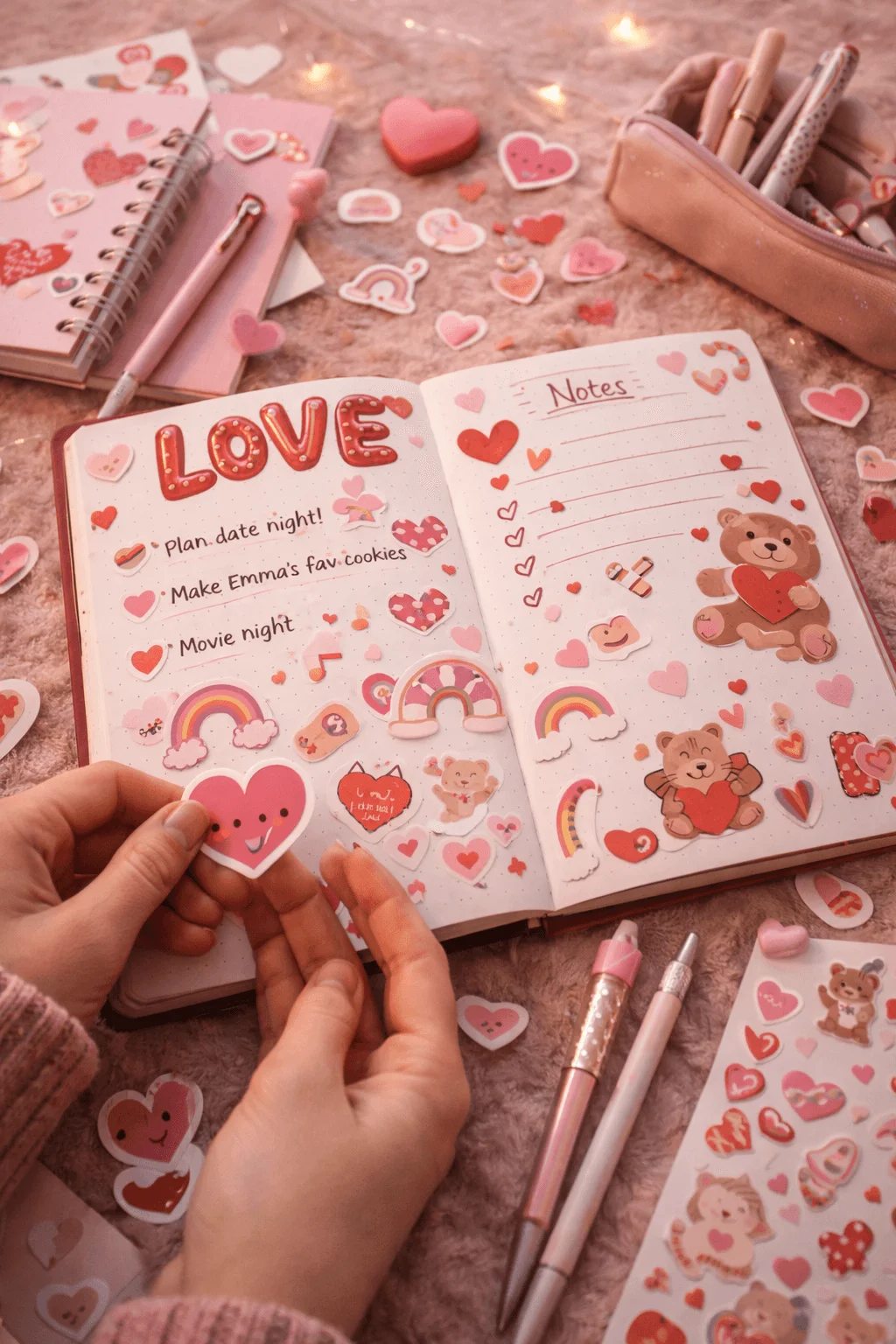 Valentine themed stationery gift featuring a decorated journal, heart and teddy bear stickers, pink pens, and cozy desk accessories in a soft pink aesthetic.