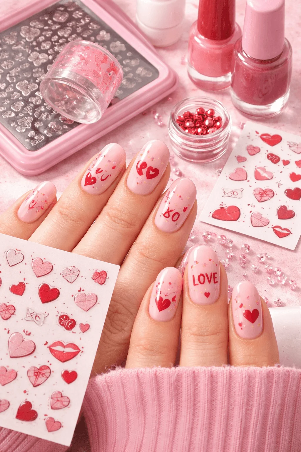 This image features soft pink Valentine nail art created with stickers and stamping plates. The nails have a translucent blush base with red and pink hearts, “XO,” and “LOVE” designs, surrounded by nail polish bottles, rhinestones, stamping tools, and heart decals on a romantic pink setup
