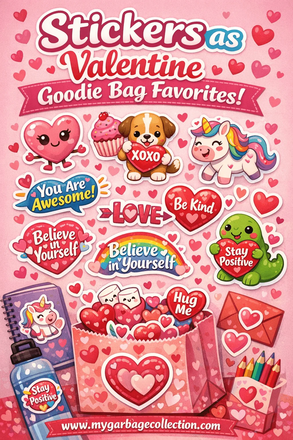 Valentine stickers as goodie bag favorites featuring cute hearts animals unicorns and positive message stickers for classroom Valentine treats and school gift bags