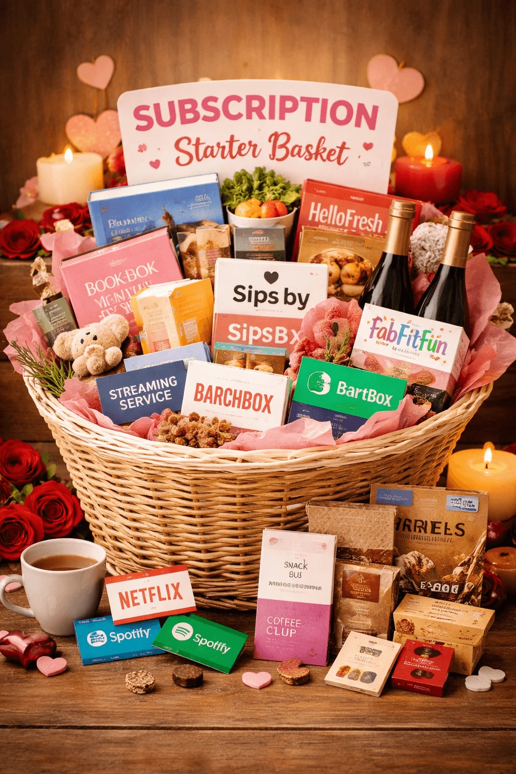 This image shows a Subscription Starter Basket, a gift basket filled with trial boxes, gift cards, and sample items from popular subscription services. It includes things like snack boxes, coffee clubs, book subscriptions, streaming services (Netflix, Spotify), wine clubs, pet boxes, and lifestyle boxes (like FabFitFun and BarkBox), styled with candles and roses for a Valentine’s theme. 
