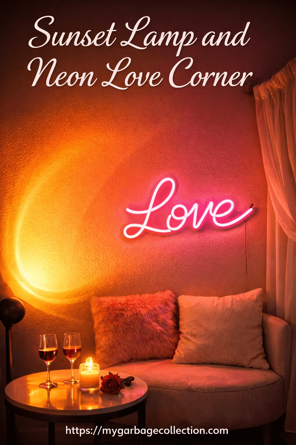 Romantic sunset lamp glow with neon love sign cozy seating area candles wine glasses rose and soft cushions creating a warm intimate Valentines decor corner