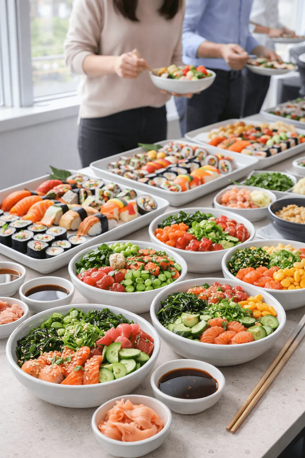 Sushi and poke bowl office lunch spread with fresh salmon tuna vegetables edamame seaweed and soy sauce