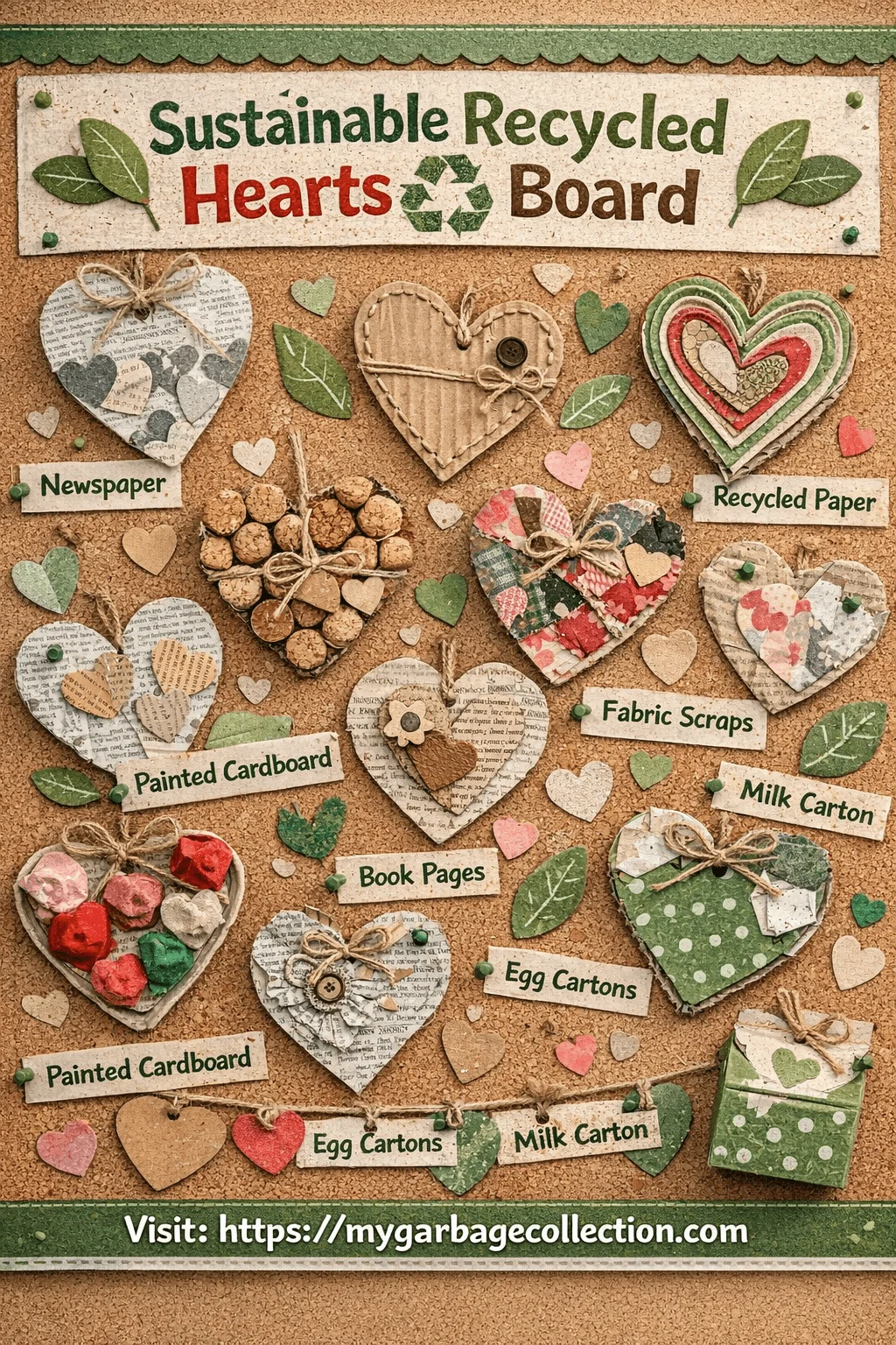 Sustainable recycled hearts bulletin board made from newspaper cardboard fabric scraps book pages egg cartons and milk cartons with labeled heart crafts and a visit mygarbagecollection.com message at the bottom