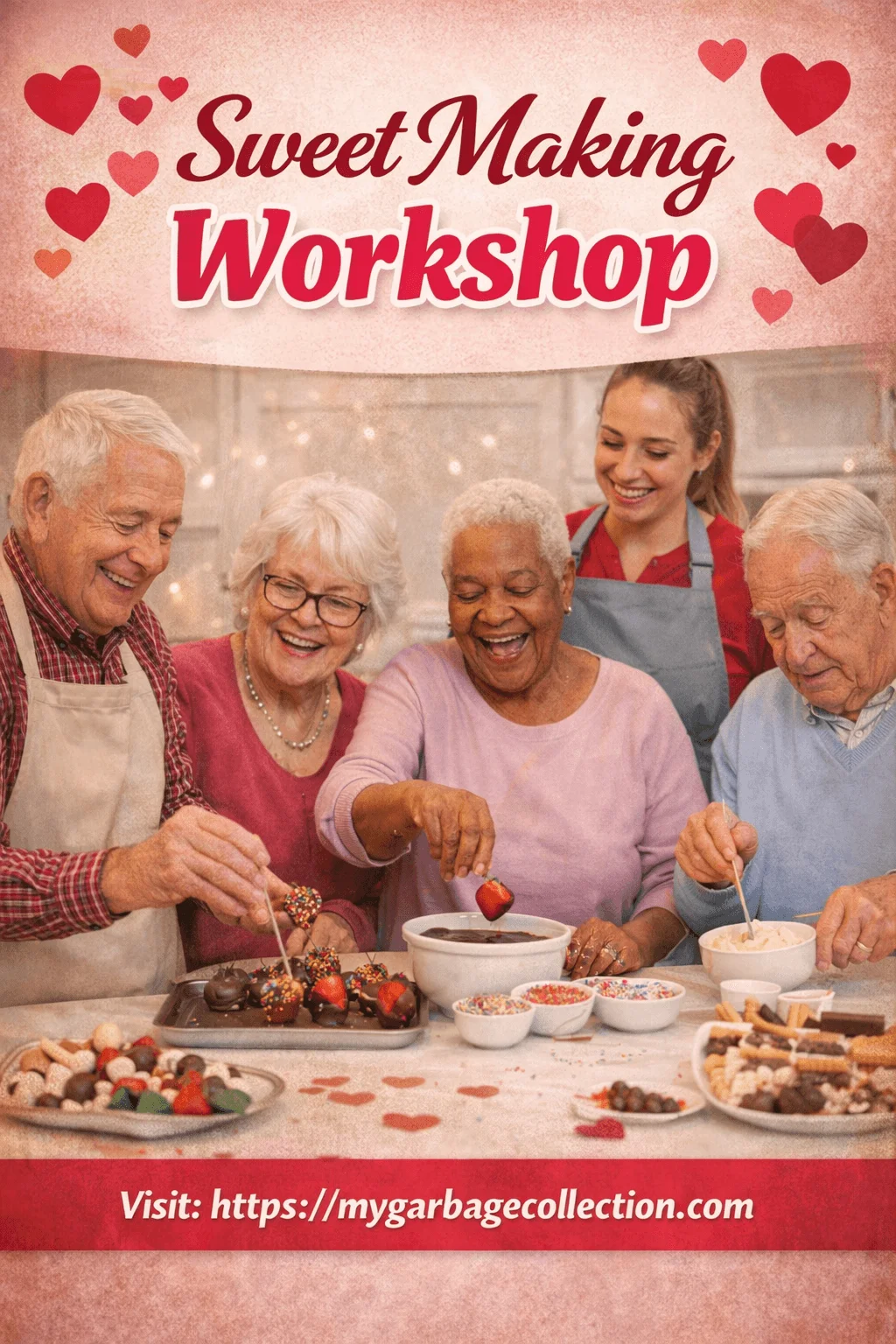 Sweet making workshop with seniors joyfully dipping strawberries and treats in chocolate together guided by a caregiver in a Valentine themed senior living community