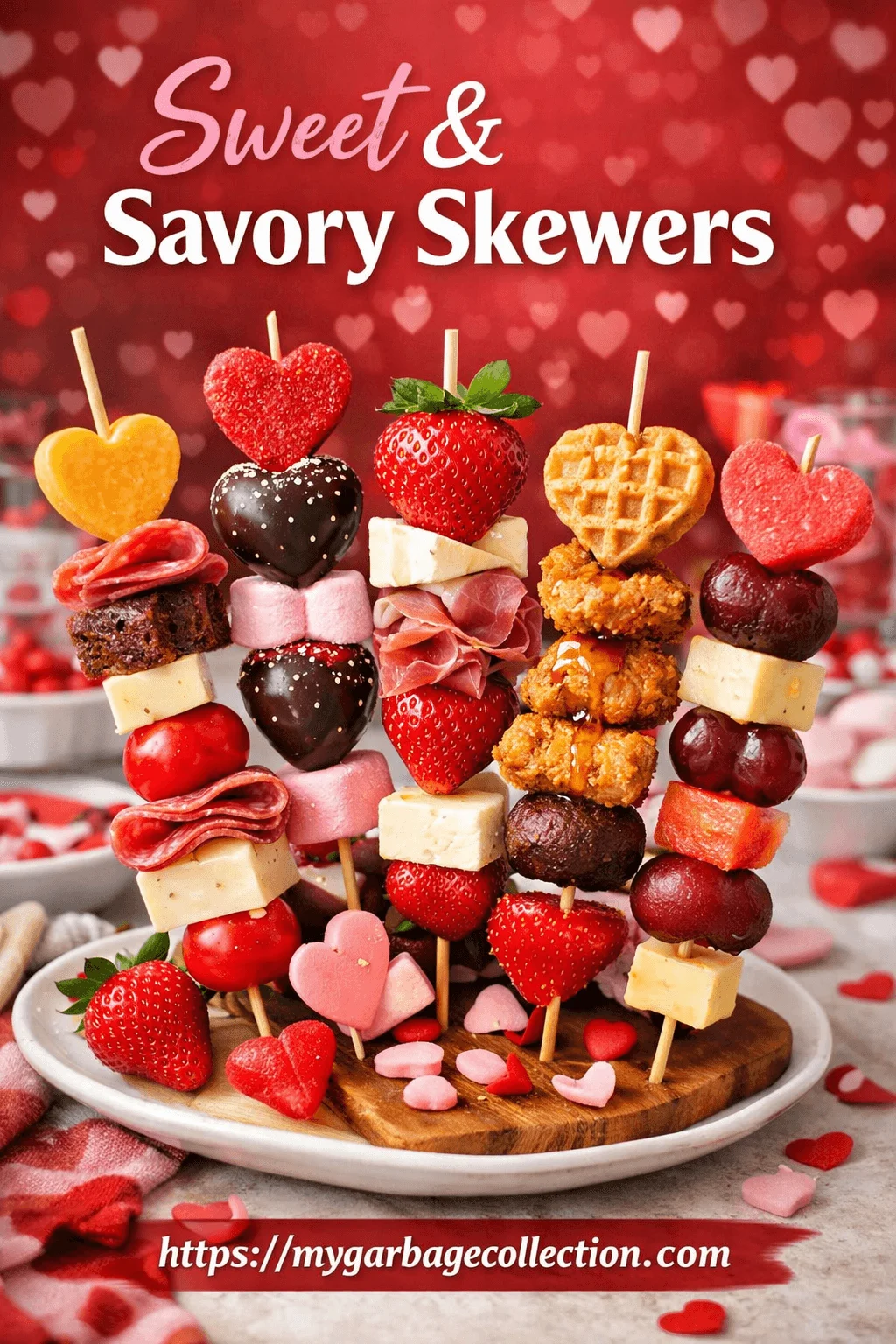 Sweet and savory skewers with strawberries cheese chocolate marshmallows cured meats waffles and heart shaped treats arranged on sticks with Valentine themed background text and website mygarbagecollection.com