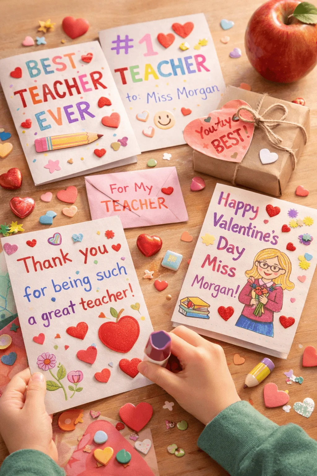 Teacher appreciation Valentine cards with colorful handmade messages gifts and heart decorations on a wooden table