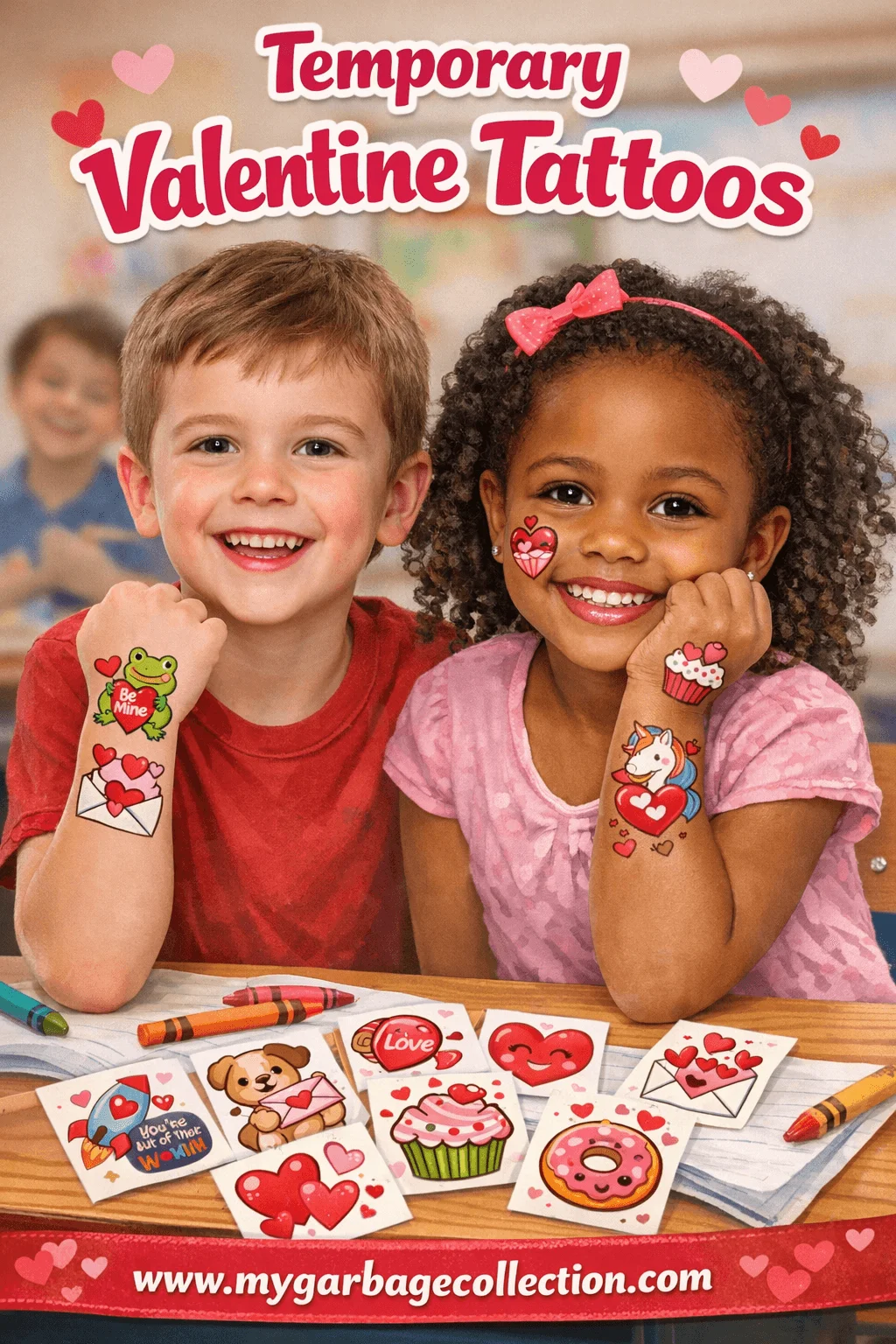 Temporary Valentine tattoos featuring smiling kids with heart cupcake unicorn and love themed tattoos perfect for classroom Valentine goodie bags and school party favors