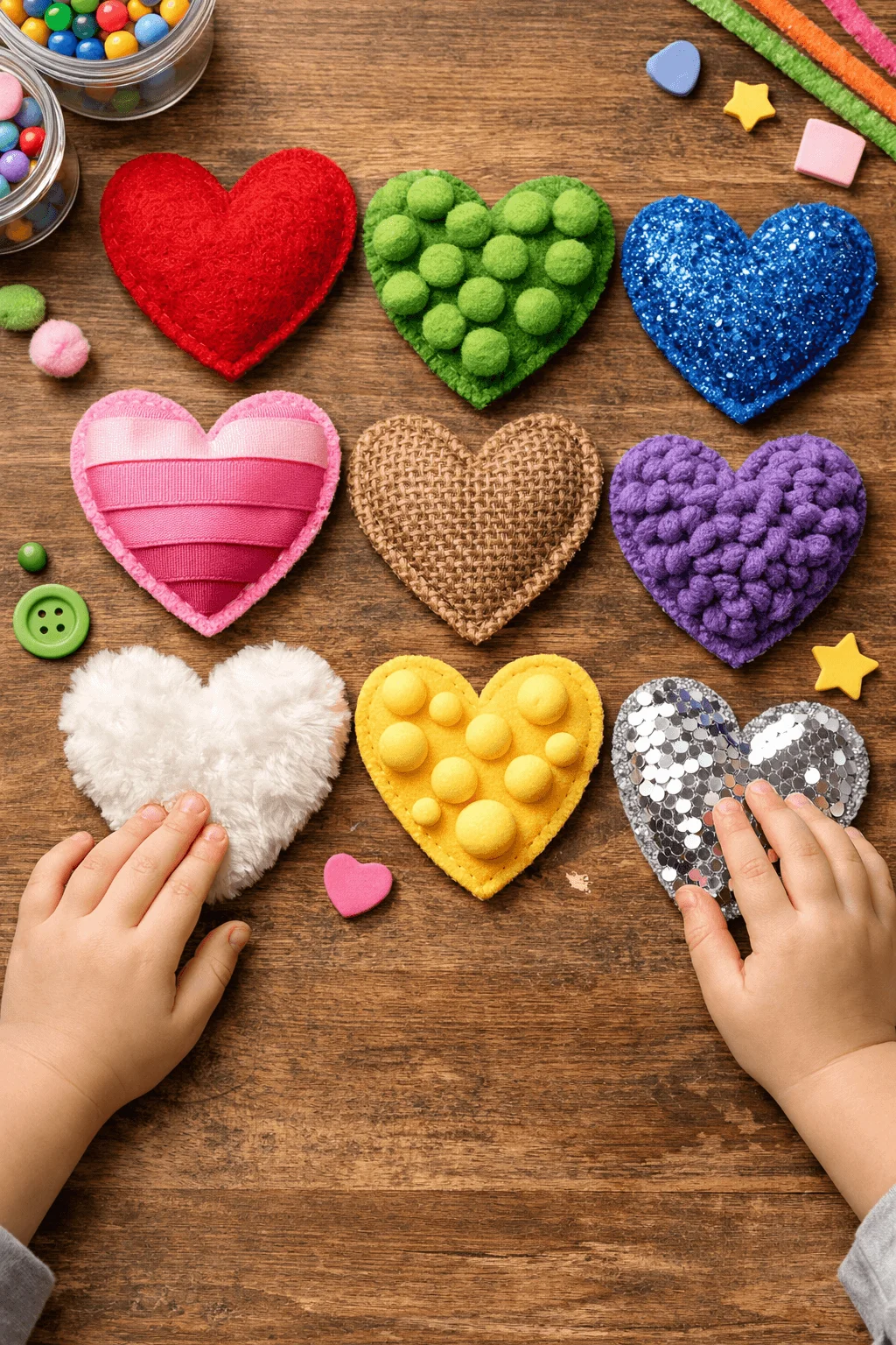 Hands touching colorful textured heart shapes made from felt pom poms burlap sequins and fabric on a wooden table with craft supplies