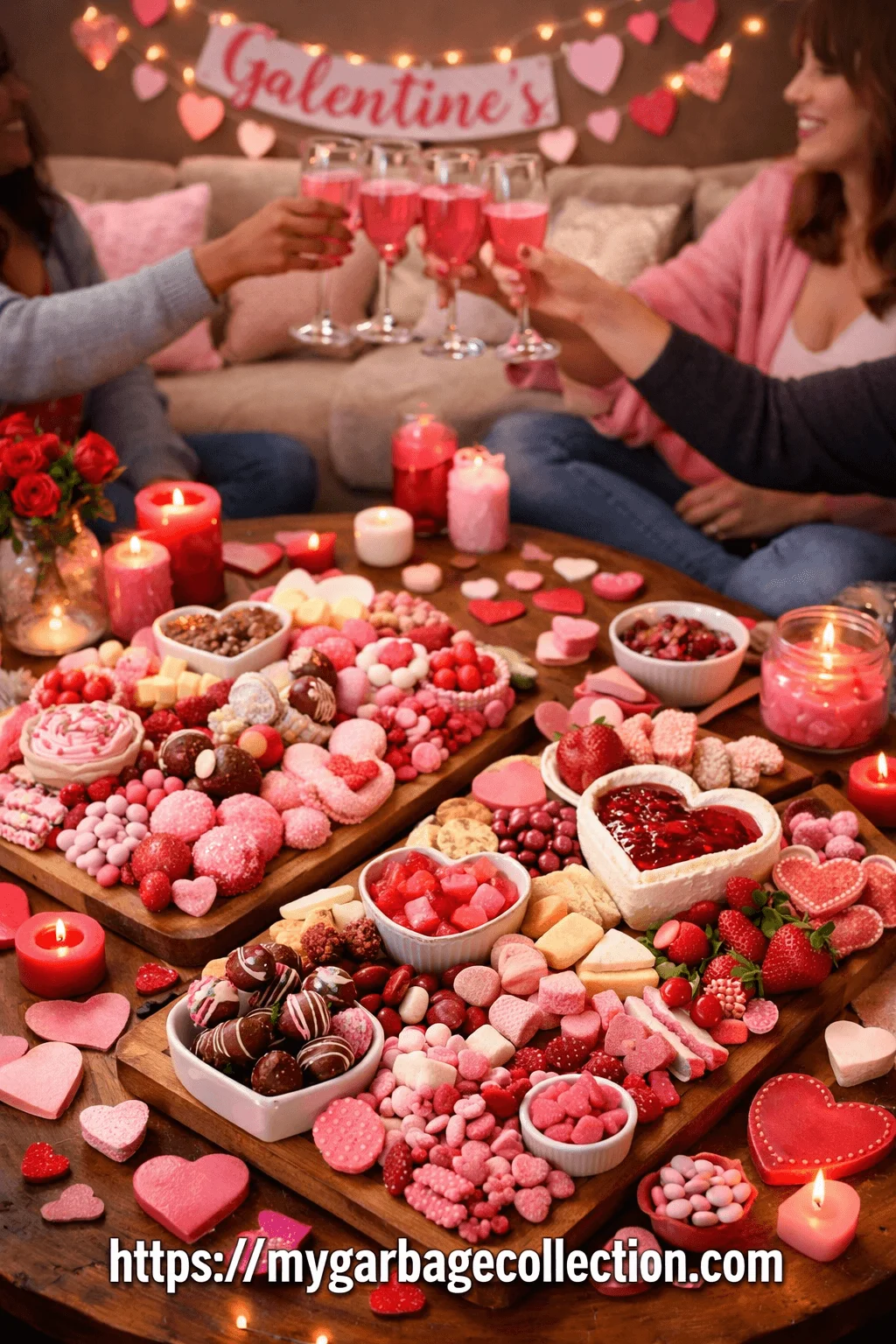 Galentines Day charcuterie board party with friends enjoying pink drinks surrounded by heart shaped desserts chocolates strawberries candles and festive Valentine themed snacks on a cozy table decorated in red and pink tones