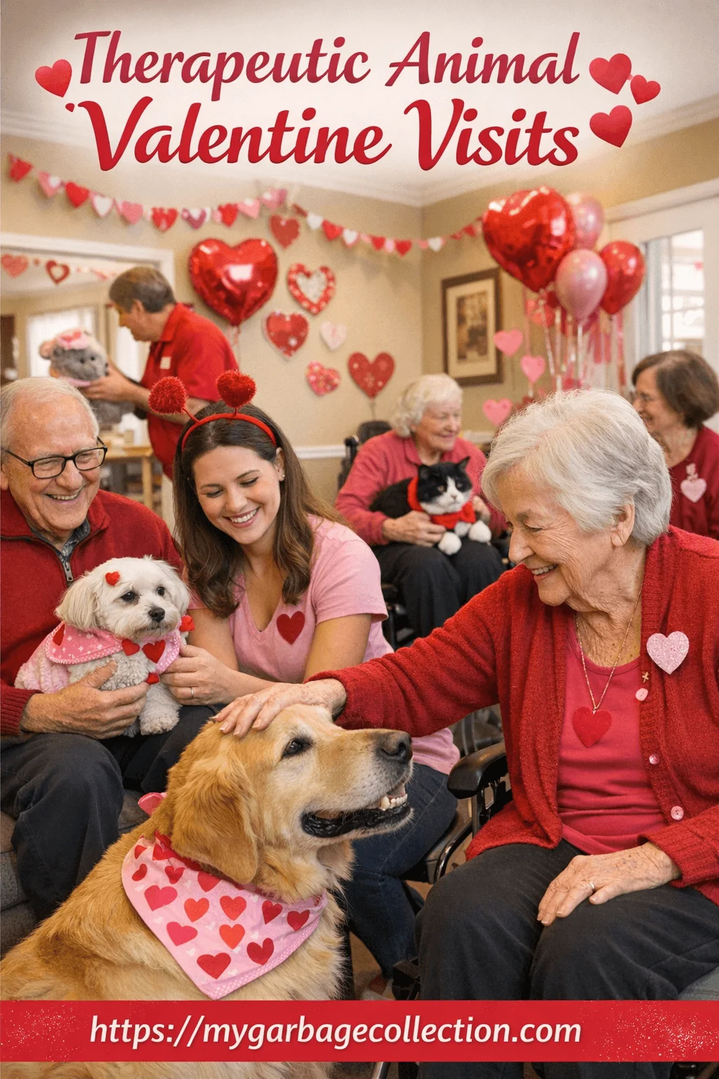 Therapeutic animal Valentine visits showing seniors smiling and petting therapy dogs and cats dressed in heart themed bandanas during a joyful Valentine celebration in a care facility
