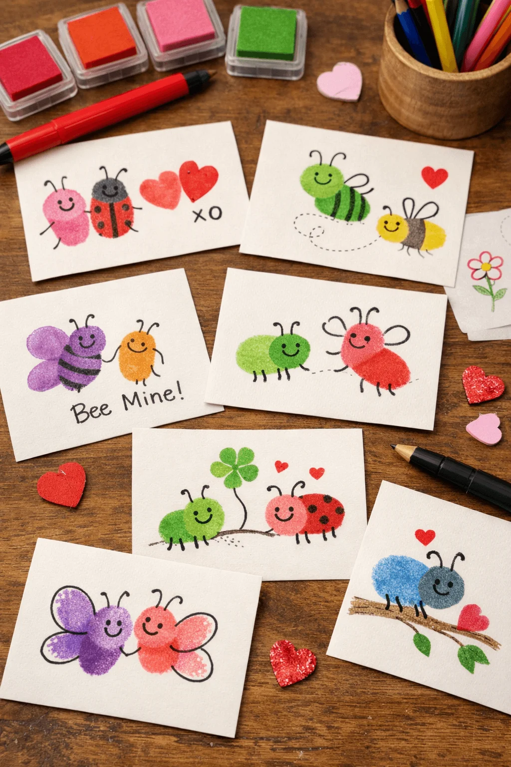 Thumbprint Valentine cards featuring cute love bugs bees butterflies and hearts arranged on a wooden table with ink pads markers and craft supplies
