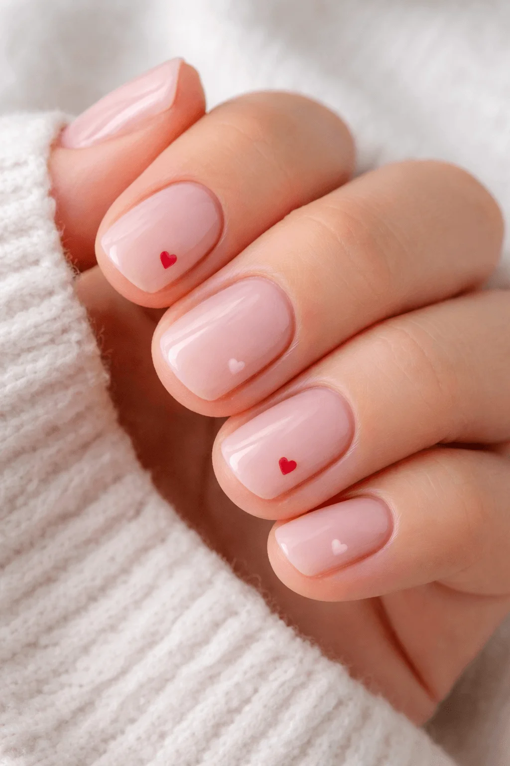 Close up of a hand with soft pink glossy nails featuring tiny red and white heart accents and a cozy knit sleeve in the background