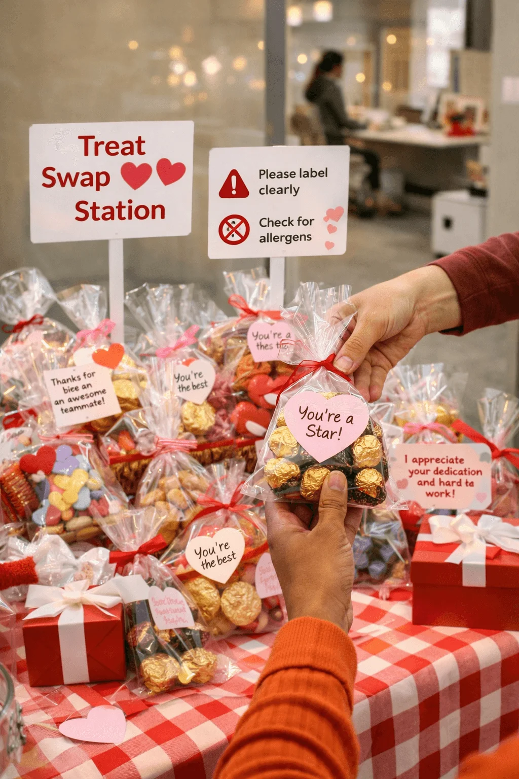 Hands exchanging Valentine treat bags with appreciation notes at an office treat swap station decorated with hearts
