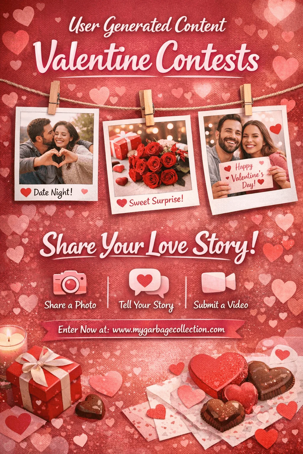 User generated content Valentine contests banner featuring hanging photo frames of couples roses and love moments with text share your love story icons for photo story and video submission gift box candles heart chocolates festive red background and website URL at the bottom