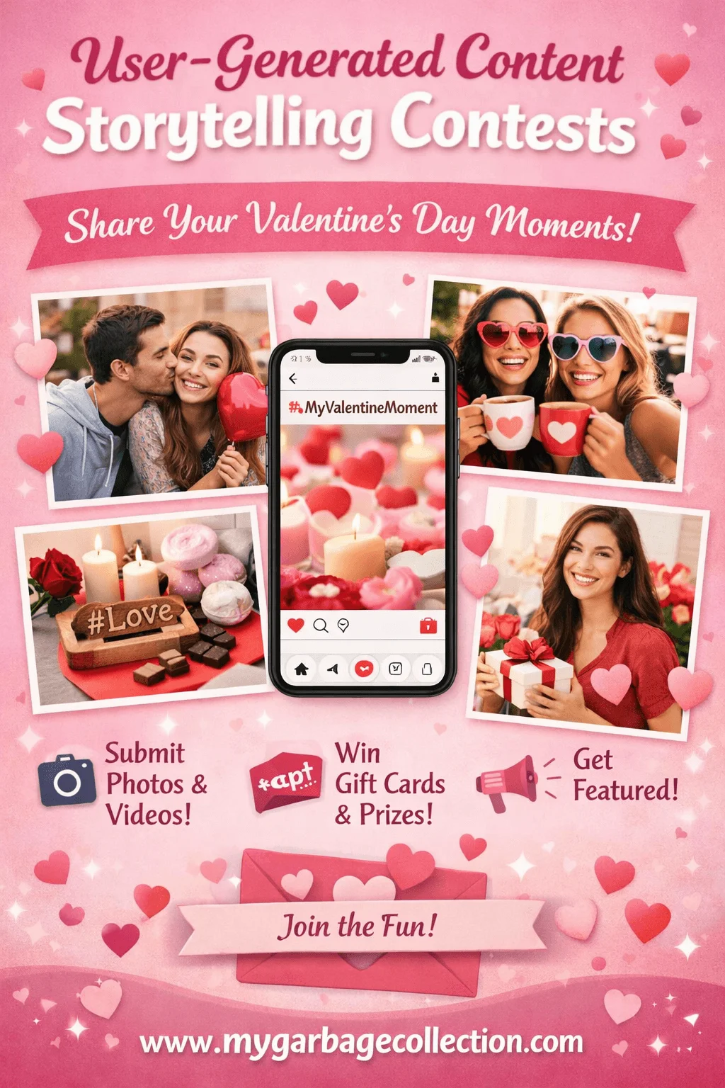 User generated content storytelling contests for valentines day showing couples friends gifts candles photos shared on social media hashtag campaign and brand engagement promotion