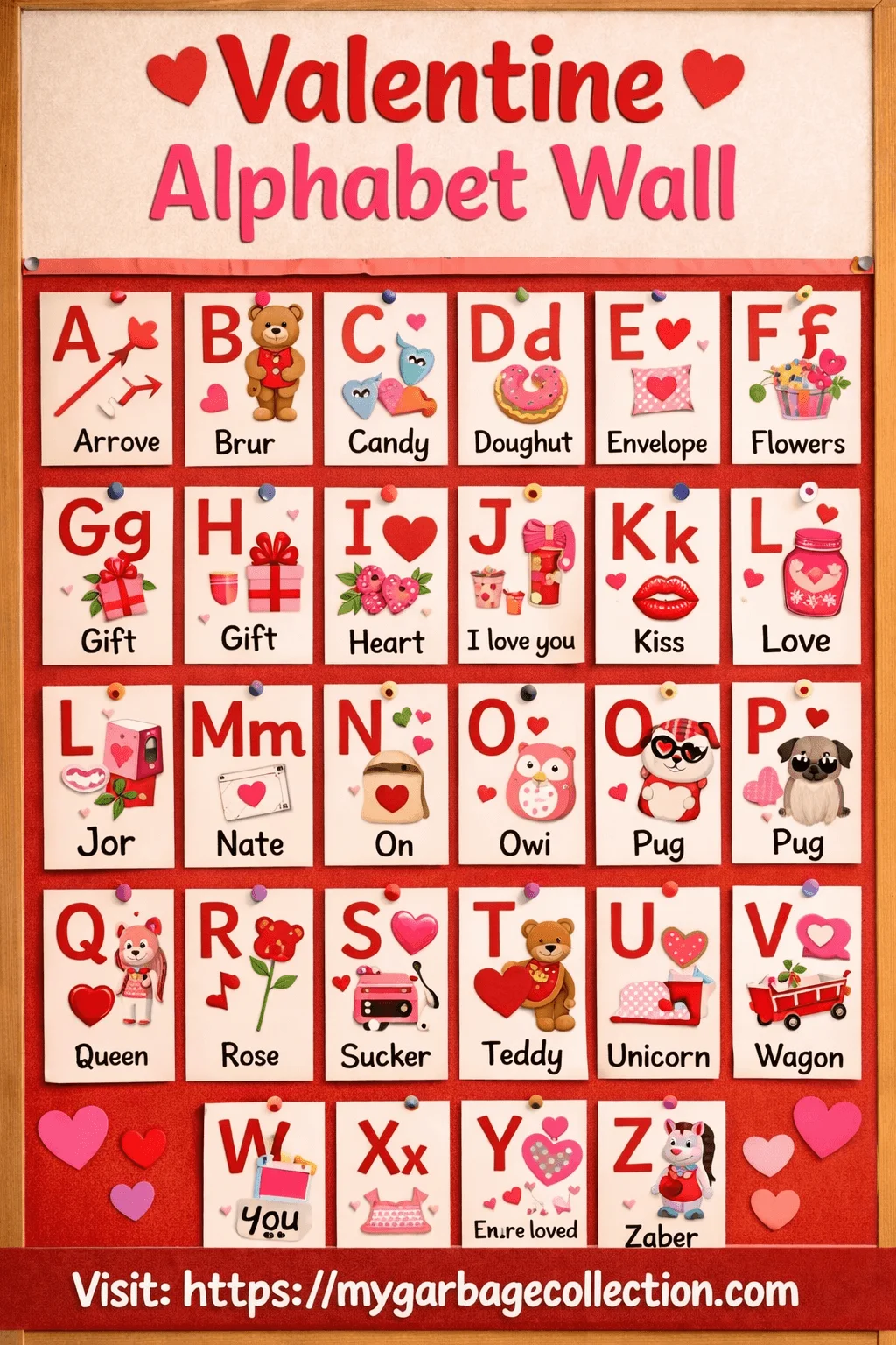 Valentine alphabet wall bulletin board for preschool featuring heart themed letter cards from A to Z with cute illustrations teddy bears candy gifts love symbols and early literacy classroom decor