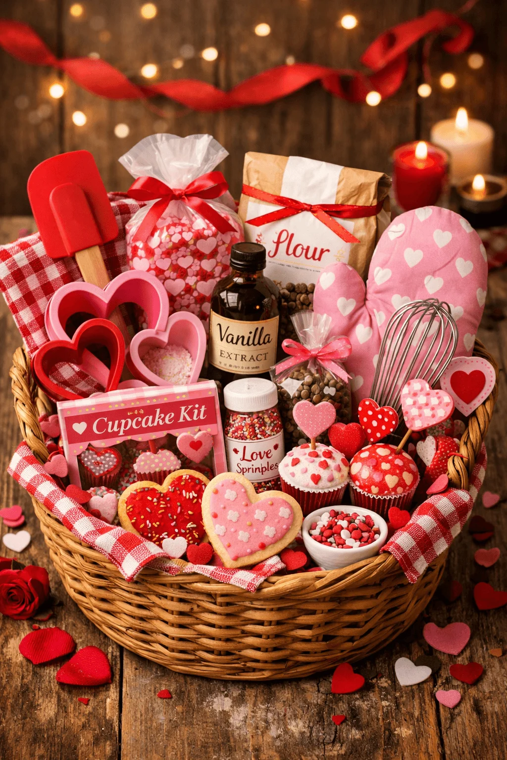 Valentine baking night gift basket with cupcake kit heart shaped cookie cutters sprinkles vanilla extract baking mitts whisk measuring tools heart cookies and festive decorations arranged in a wicker basket with candles and ribbon
