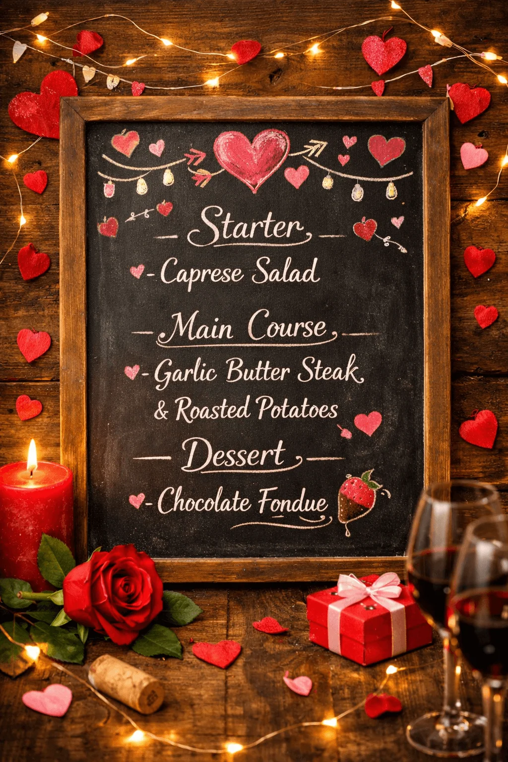 Romantic Valentine dinner chalkboard menu with hearts, fairy lights, candle, rose, wine glass, gift box, and handwritten courses for starter main course and dessert