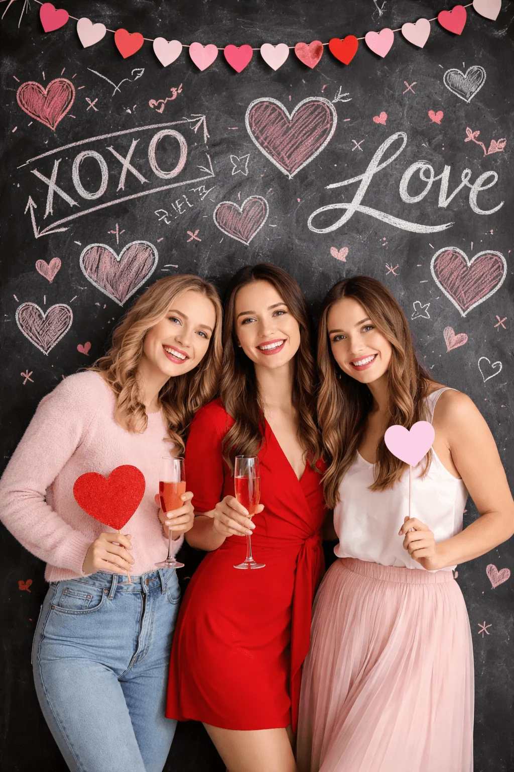Three women posing in front of a Valentine-themed chalkboard backdrop decorated with hearts, “XOXO,” and “Love,” holding heart props and glasses of sparkling drink.
