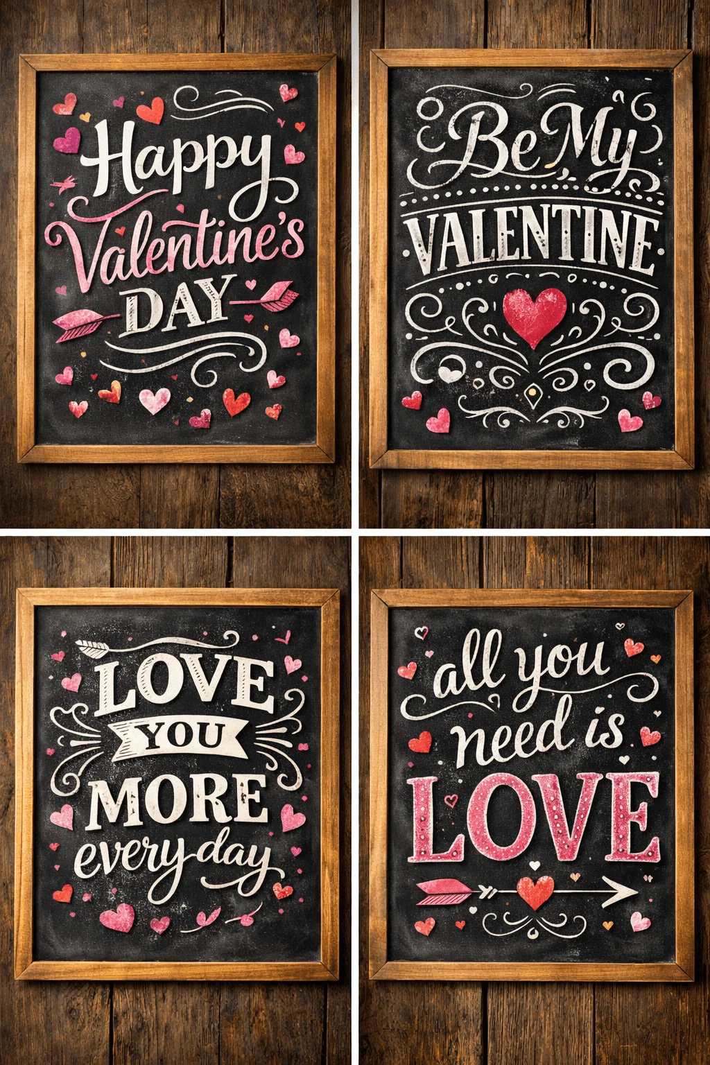 This image shows four framed chalkboard-style Valentine signs with hand-lettered typography. The messages are “Happy Valentine’s Day,” “Be My Valentine,” “Love you more every day,” and “All you need is LOVE.” They all have rustic wood frames, decorative hearts and flourishes, and a warm, romantic farmhouse-style look.