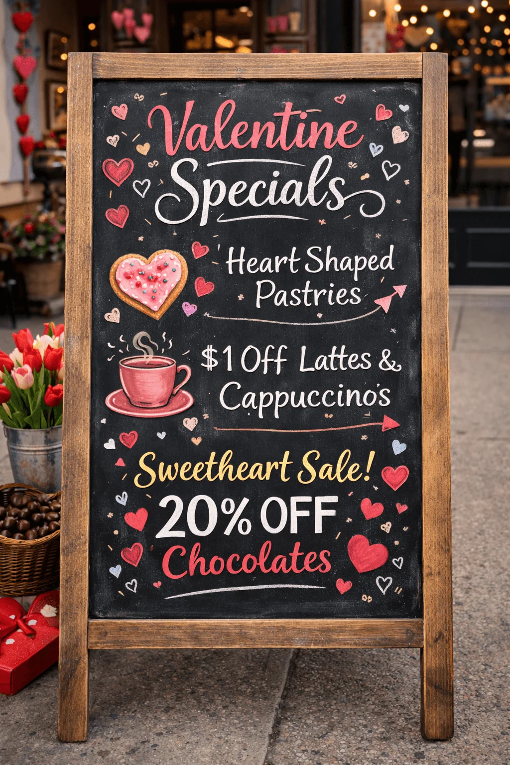 Chalkboard sidewalk sign advertising Valentine specials, including heart-shaped pastries, $1 off lattes and cappuccinos, and a sweetheart sale with 20% off chocolates, decorated with hearts and coffee illustrations.